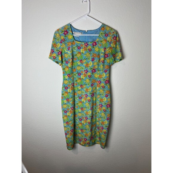 Maggy London Dress Womens 4 Blue Floral Silk Short Sleeve Fitted Sheath Spring - Picture 1 of 6